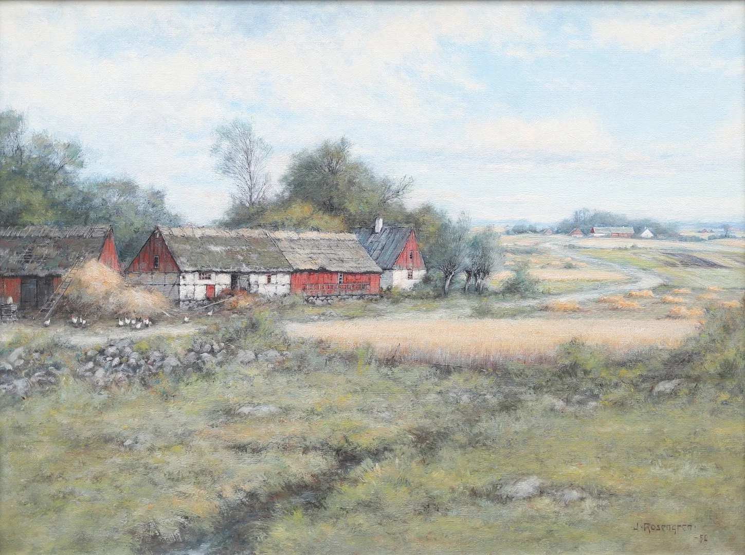 JEAN ROSENGREN. Gårdar i landskap, olja på duk, signerad och daterad -56. — Paintings — Garpenhus Auktioner