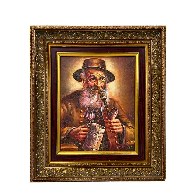 WERNER. ÖLGEMÄLDE EINES MANNES MIT PFEIFE UND BIERKRUG IN EINEM VERZIERTEN HOLZRAHMEN GEFASST.