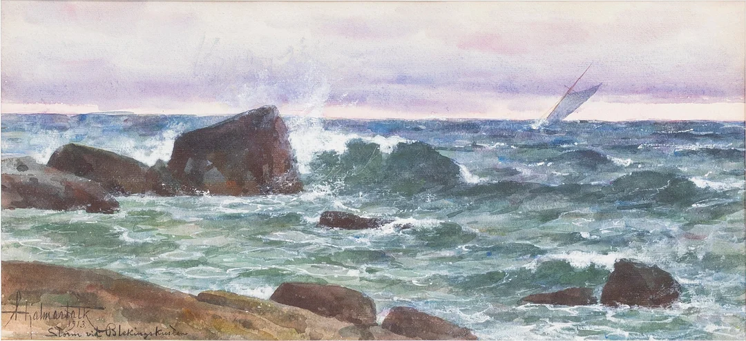 HJALMAR FALK (1856-1938). "Storm vid Blekingskusten", akvarell och täckvitt på papper, signerad, daterad 1913. — Paintings — Auktionshuset Kolonn