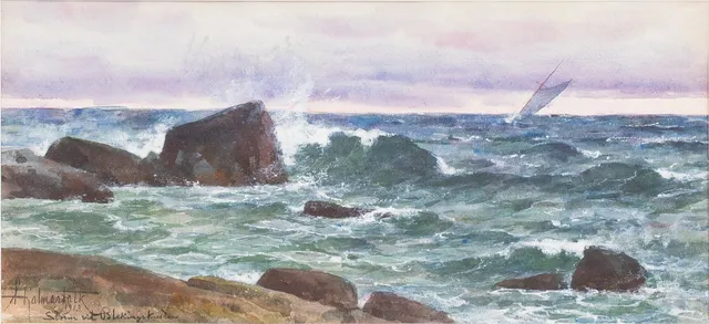 HJALMAR FALK (1856-1938). "Storm vid Blekingskusten", akvarell och täckvitt på papper, signerad, daterad 1913.