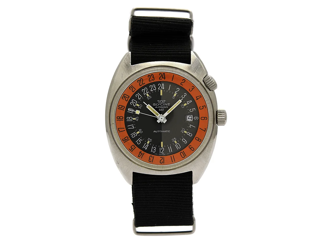 GLYCINE, Airman SST (-T- SWISS -T-), s.k. "Pumpkin", Cal A.Schild 1903, herrur, 41,5 mm, stål, automatisk, plexiglas, datum, 24-timmarsvisning, NATO-band, ca 1968. — Klockor/Glycine — Kaplans