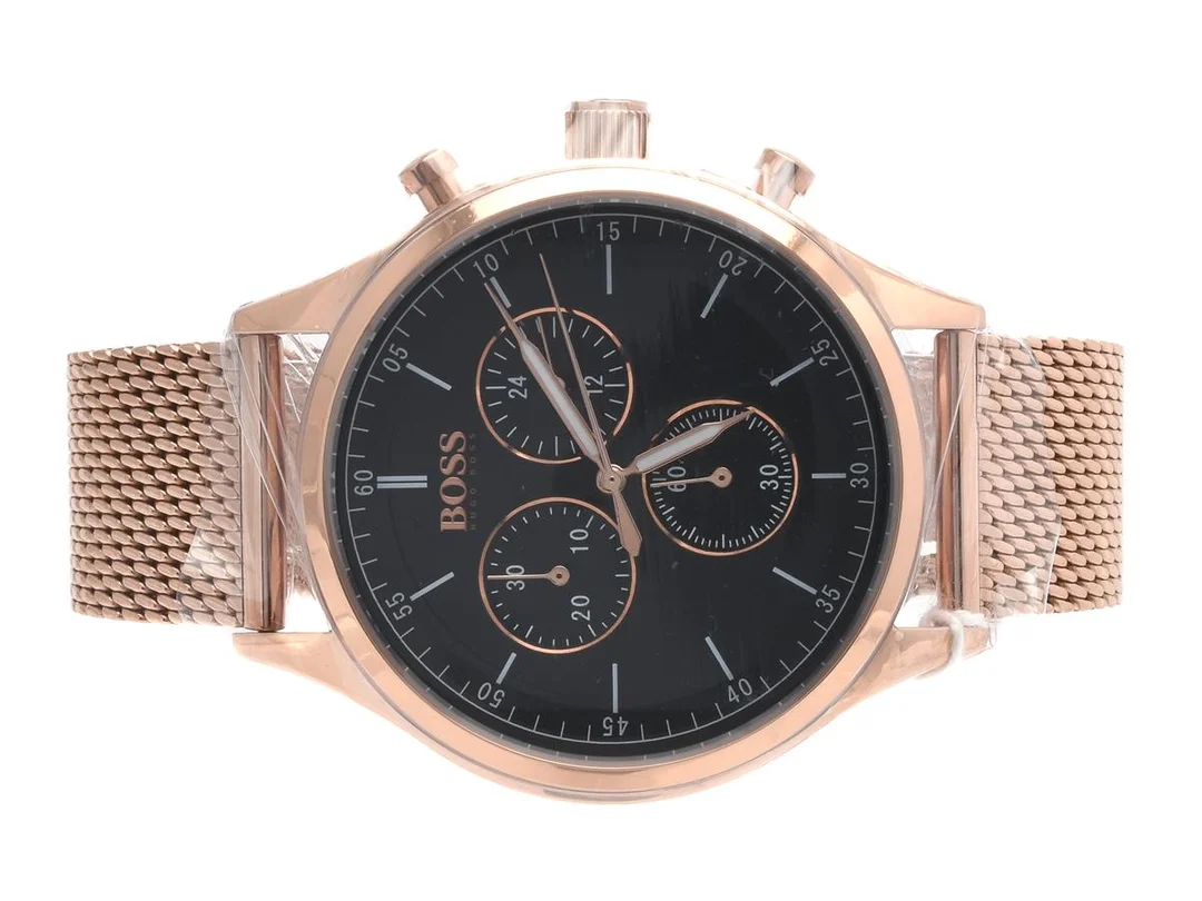 Hugo Boss, herrur, quartz, 43mm, Modellnr: HB.297.1.34.3101, roséfärgat stål, mesharmband, Snr: 8.355.896, kronografer, i ask med manual och tagg, nyskick med skyddsplast kvar — Klockor/Boss — Kaplans