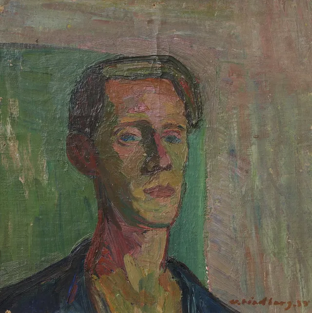 UNO LINDBERG. Självporträtt, olja på pannå, signerad.