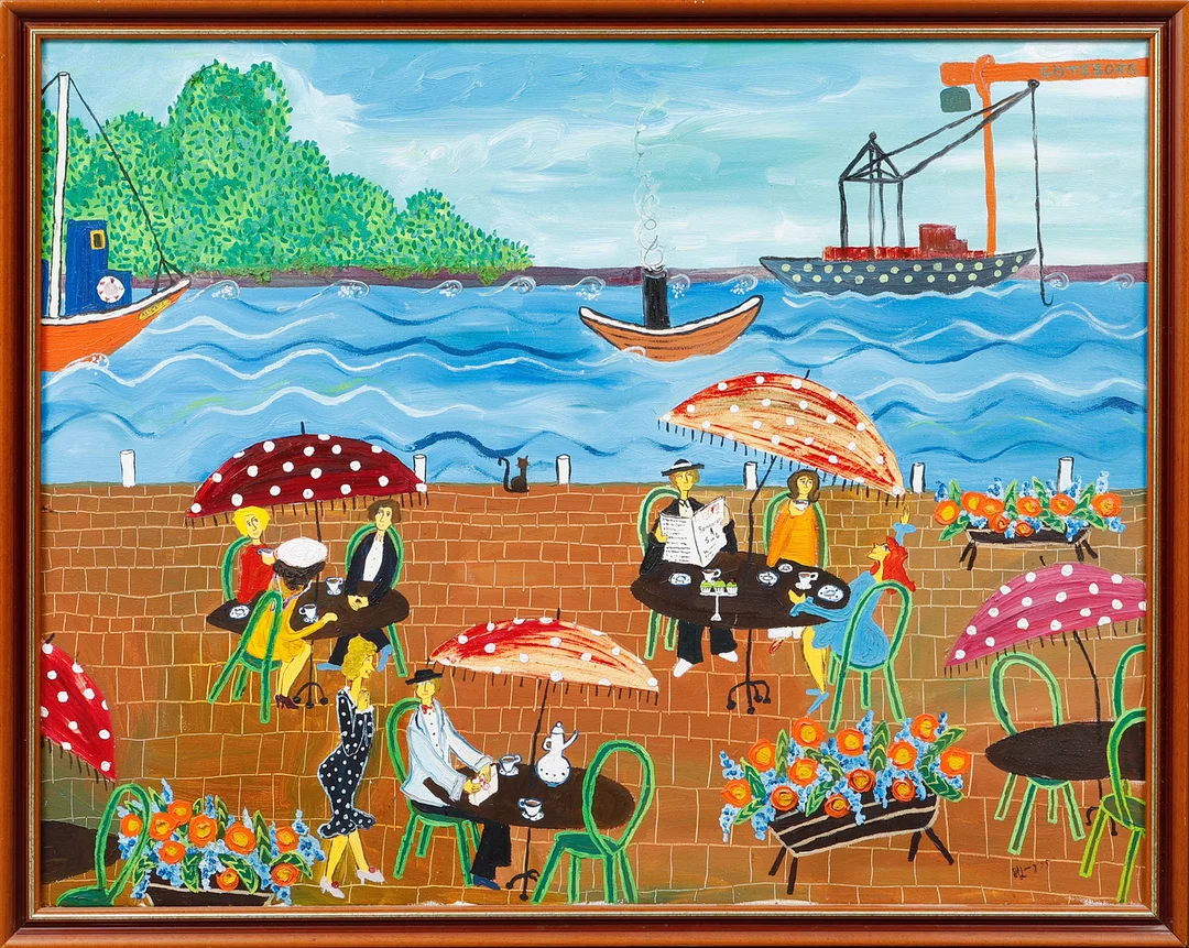 MARIKA LANG. Utecafé vid kajen, olja på duk, signerad och daterad 95. — Paintings — Göteborgs Auktionsverk