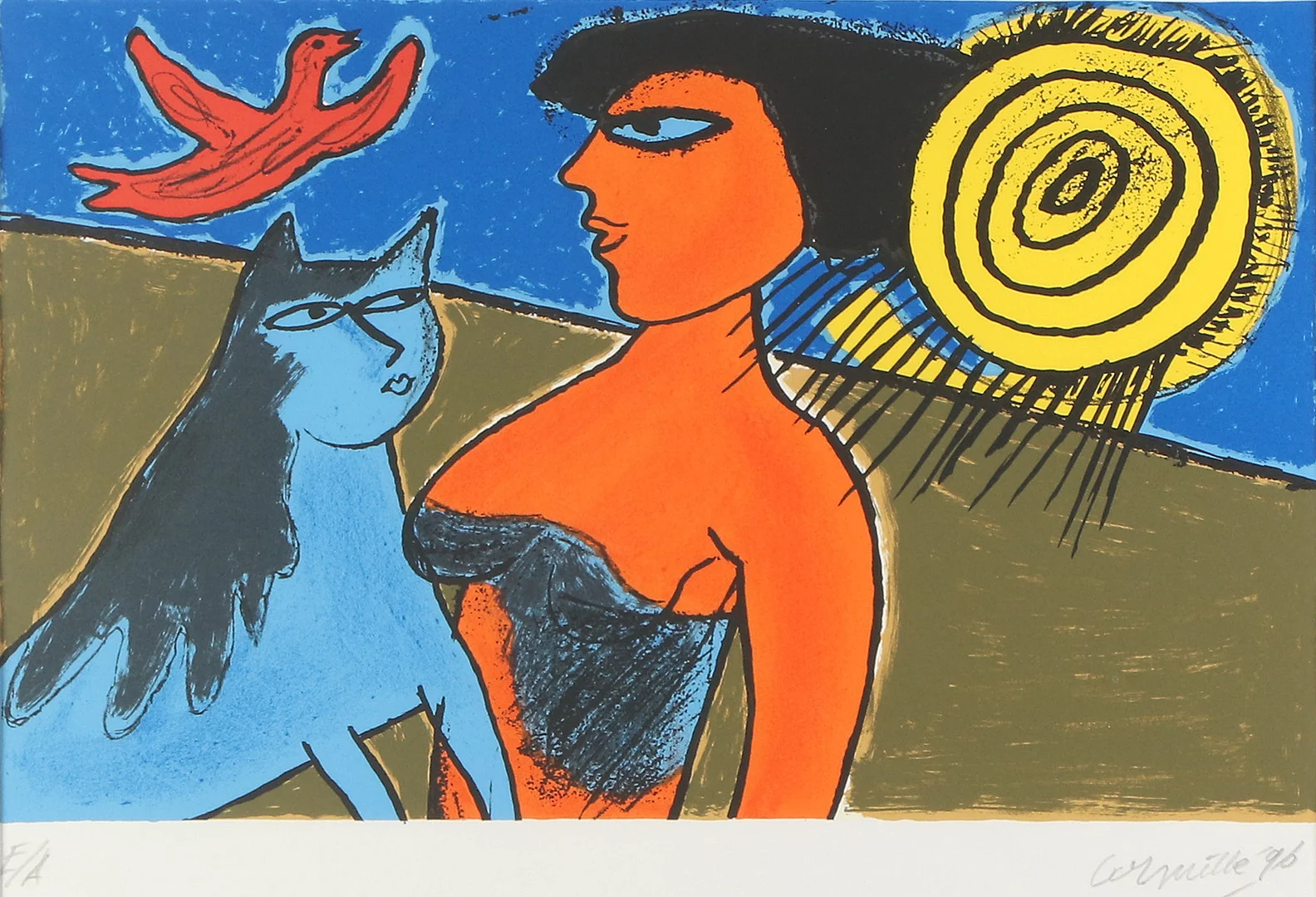 BEVERLOO CORNEILLE. Litografi, E/A. Komposition med kvinna och katt. Signerad och daterad '96. — Engravings & Prints — Skånes Auktionsverk