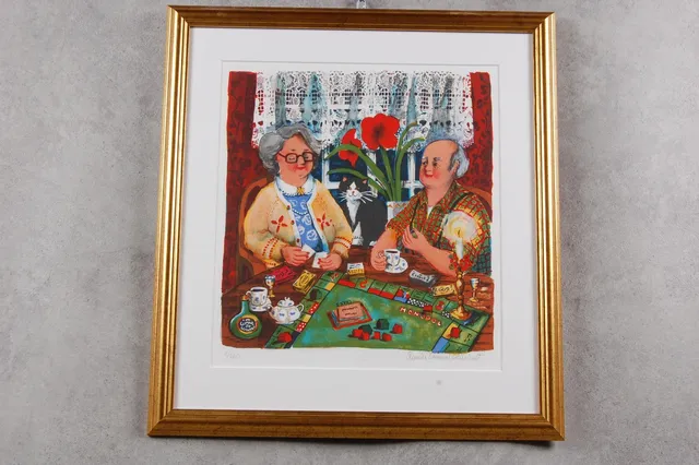 ANNICA UNNARYD SCHÖNHULT. färglitografi, " Kaffe med monopol " signerad, numrerad, 11/260.