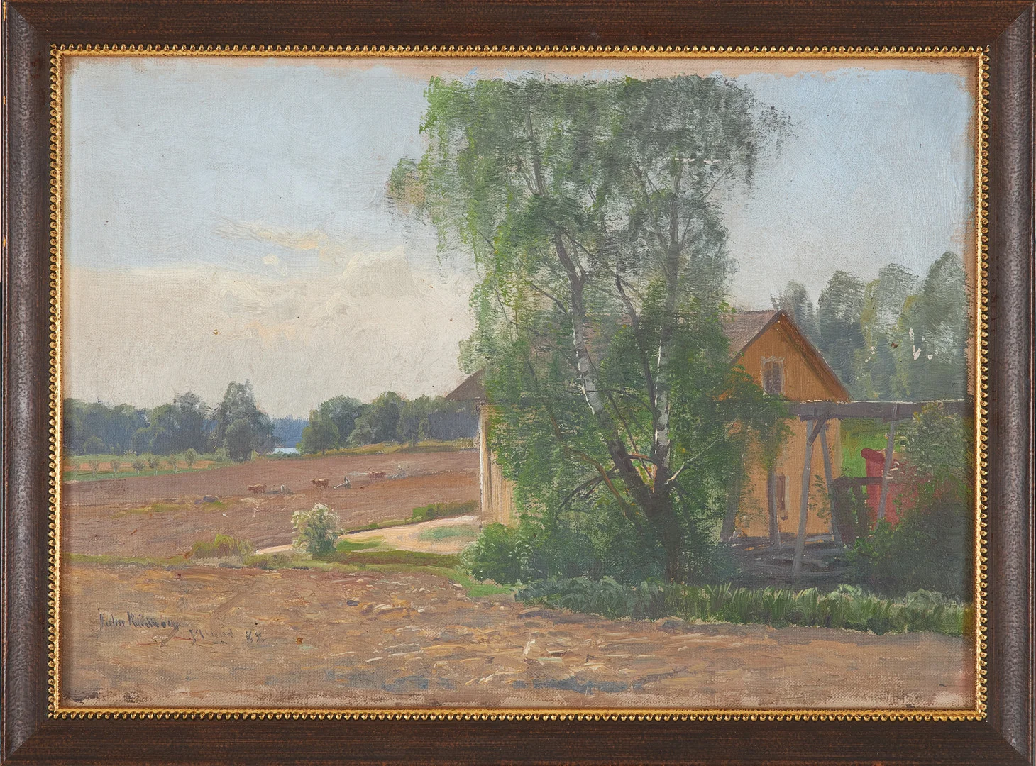 JOHN KINDBORG. Hus vid åker, olja på duk, signerad samt daterad 1888. — Paintings — Stockholms Auktionsverk Sickla