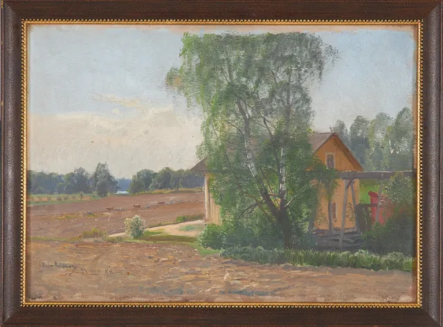JOHN KINDBORG. Hus vid åker, olja på duk, signerad samt daterad 1888.