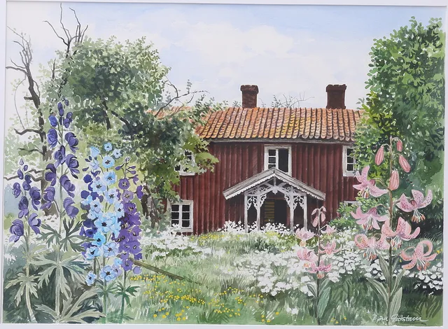BJÖRN GIDSTAM. Sommarträdgård med hus, akvarell, signerad.