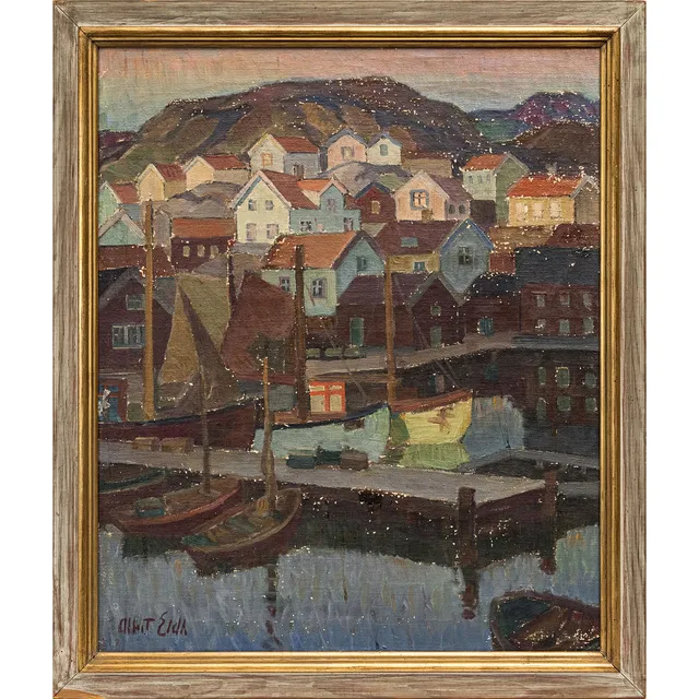 ALBERT ELDH. Kustby, olja på duk, signerad.