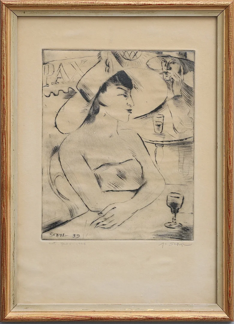 JULES SCHYL. PORTRÄTT AV KVINNA VID CAFÉBORD. — Engravings & Prints — Crafoord Auktioner Lund