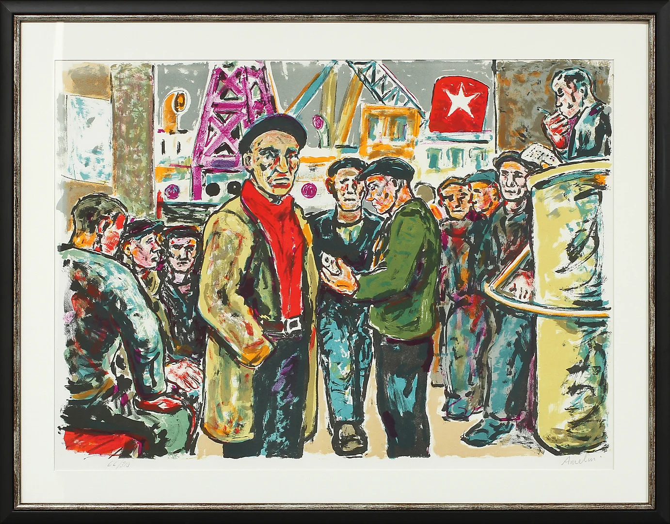ALBIN AMELIN. "Upprop i hamnen", färglitografi, signerad och numrerad 66/310. — Engravings & Prints — Göteborgs Auktionsverk