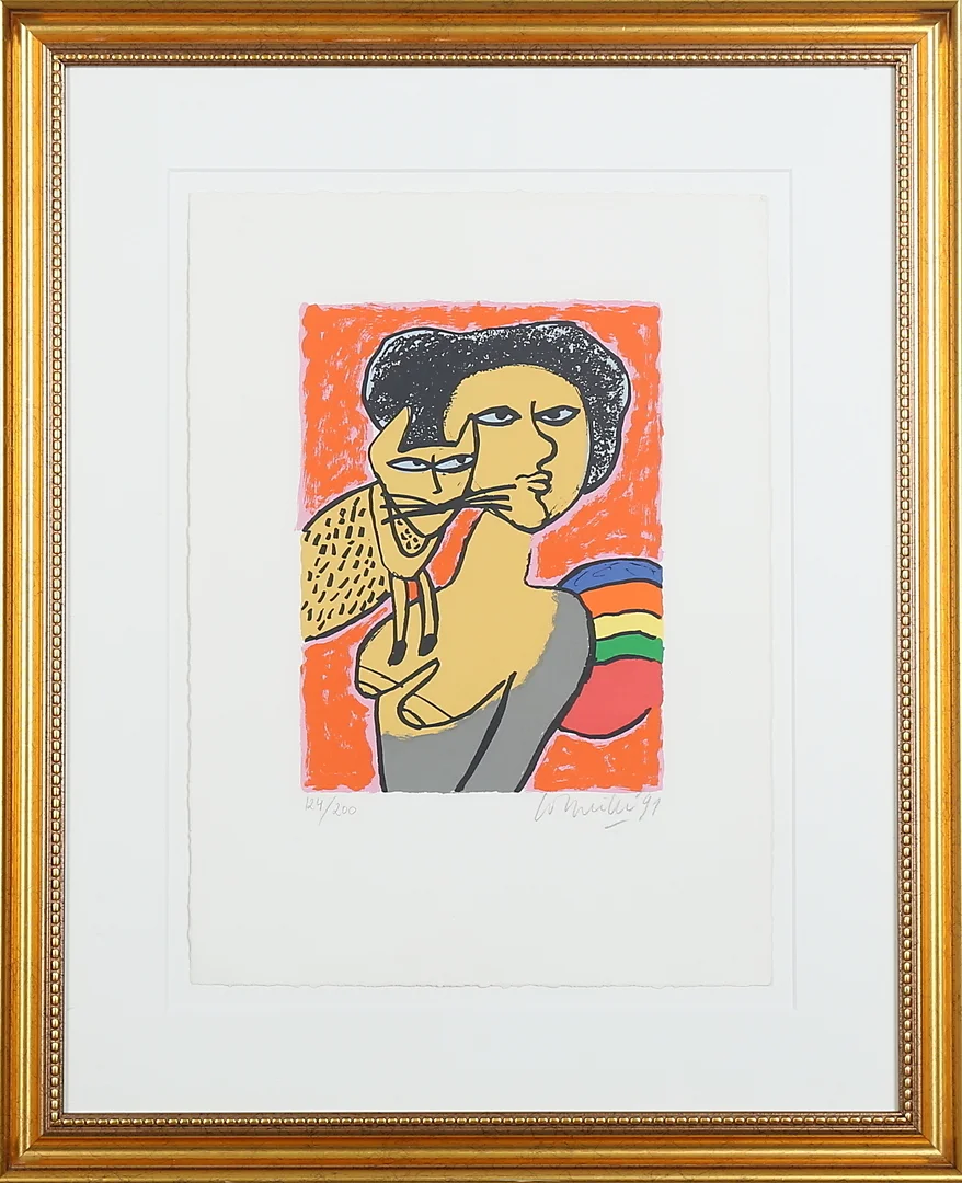 BEVERLOO CORNEILLE. Kvinna med katt, färgserigrafi, signerad och numrerad 124/200, daterad -99. — Engravings & Prints — Garpenhus Auktioner