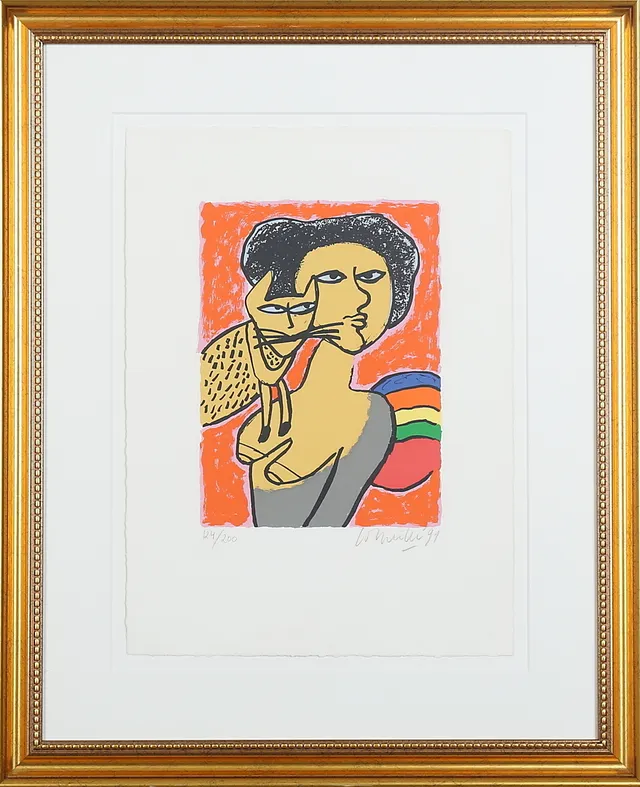 BEVERLOO CORNEILLE. Kvinna med katt, färgserigrafi, signerad och numrerad 124/200, daterad -99.