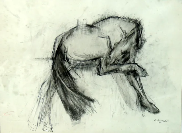 RICARD ARENYS GALDÓN. CABALLO. DIBUJO AL CARBONCILLO SOBRE PAPEL.