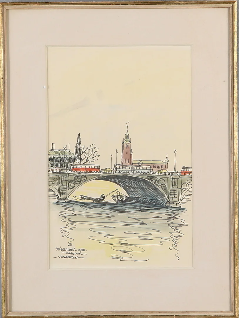 STIG SASEN. Vasabron i Stockholm, kolorerad tuschteckning, signerad. — Paintings — Auktionshuset Kolonn