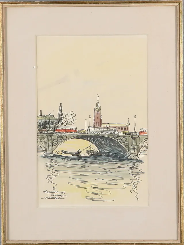 STIG SASEN. Vasabron i Stockholm, kolorerad tuschteckning, signerad.