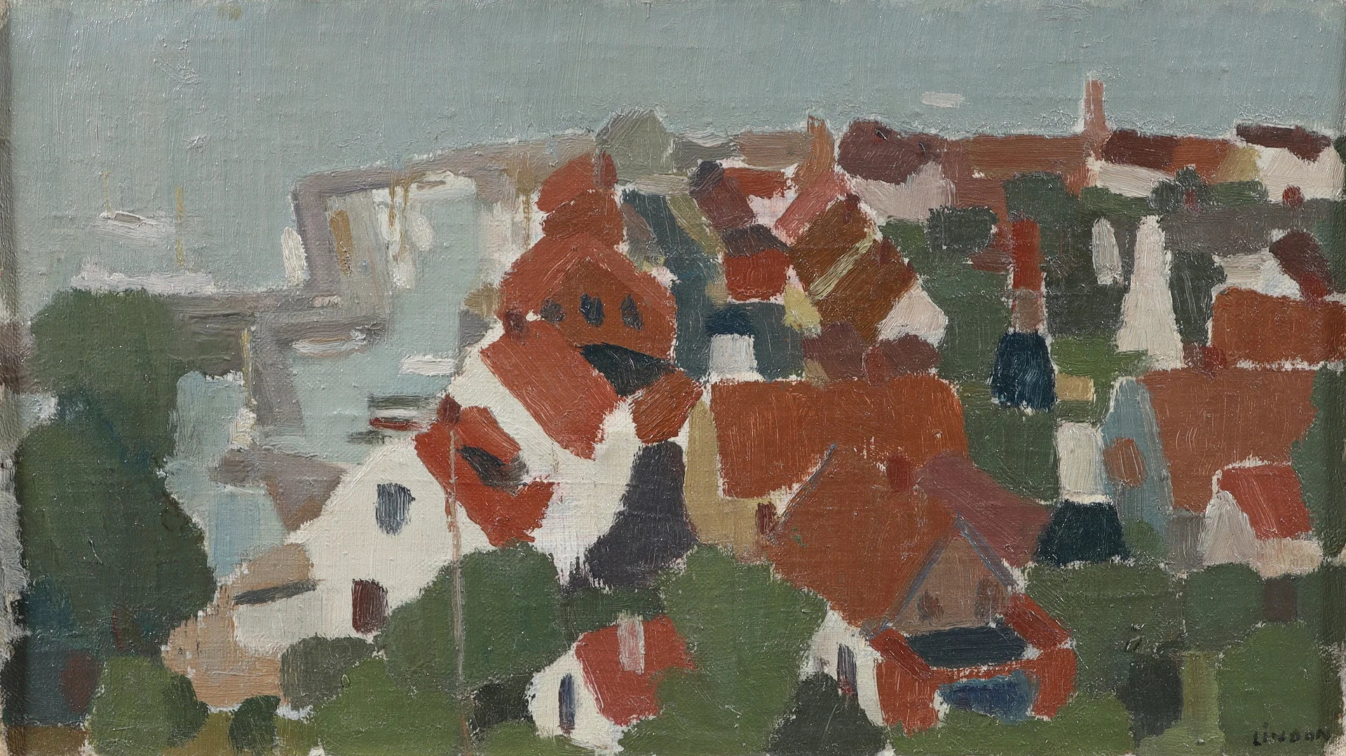 KURT LINDON. "Aarsdale, Bornholm 1961", olja på pannå, signerad. — Paintings — Växjö Auktionskammare