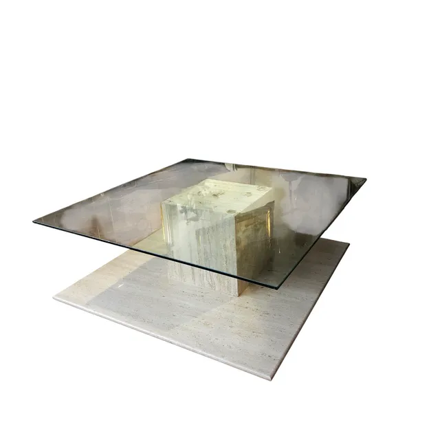 Mesa de centro de diseño de cristal con base y parte inferior de mármol travertino. En 2 niveles. Mallorca, 1970.