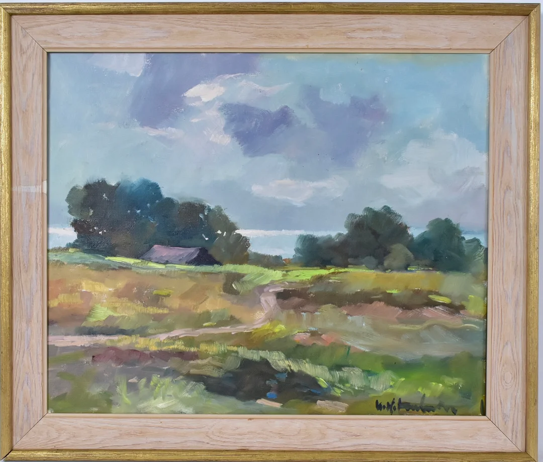 UNO HUBERT KARLSSON. oljemålning på duk, hus i landskap. — Paintings — Halmstads Auktionskammare