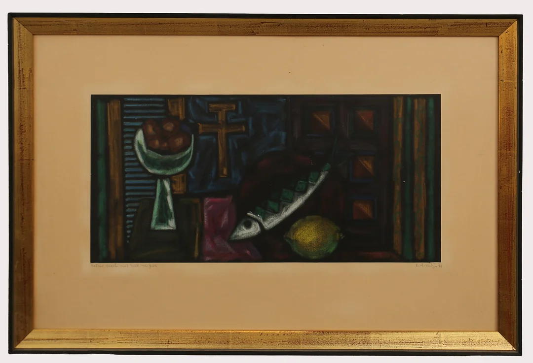 EINAR KEDJA. Pastell , Stilleben med fisk , signerad, daterad 1961. — Paintings — Limhamns Auktionsbyrå