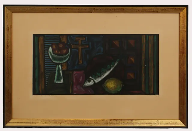 EINAR KEDJA. Pastell , Stilleben med fisk , signerad, daterad 1961.