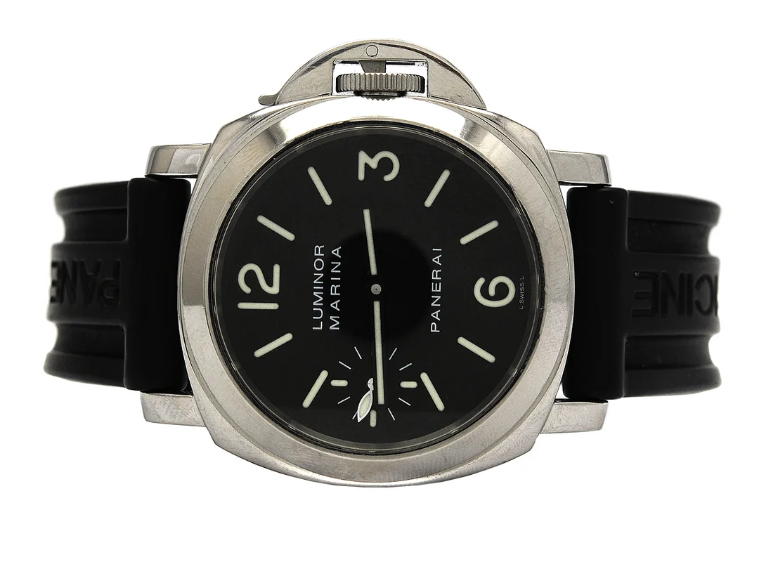 PANERAI, Luminor Marina, Cal OP II (ETA 6497-2), Verk nr. 186844, Serie nr. C2539/4000, Ref nr. PAM 00001, Boett nr. OP 6518 / BB 1006674, herrur, 44 mm, stål, manuell, safirglas, liten sekundvisare, skadad boett, gummiband, loriginalspänne, cert, juni 2001, box. ytterkartong. — Klockor/Panerai — Kaplans
