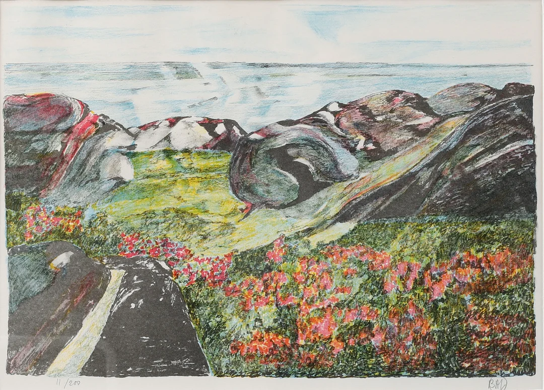 BENGT ARNE LINDEROS. Kustvy. Färglitografi, signerad och numrerad 11/200. — Engravings & Prints — Göteborgs Auktionsverk