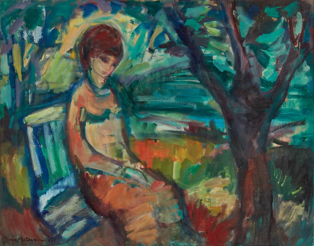 Mathisen, Jens — Kvinne på benk, 1971 — Kunst/Maleri — Blomqvist
