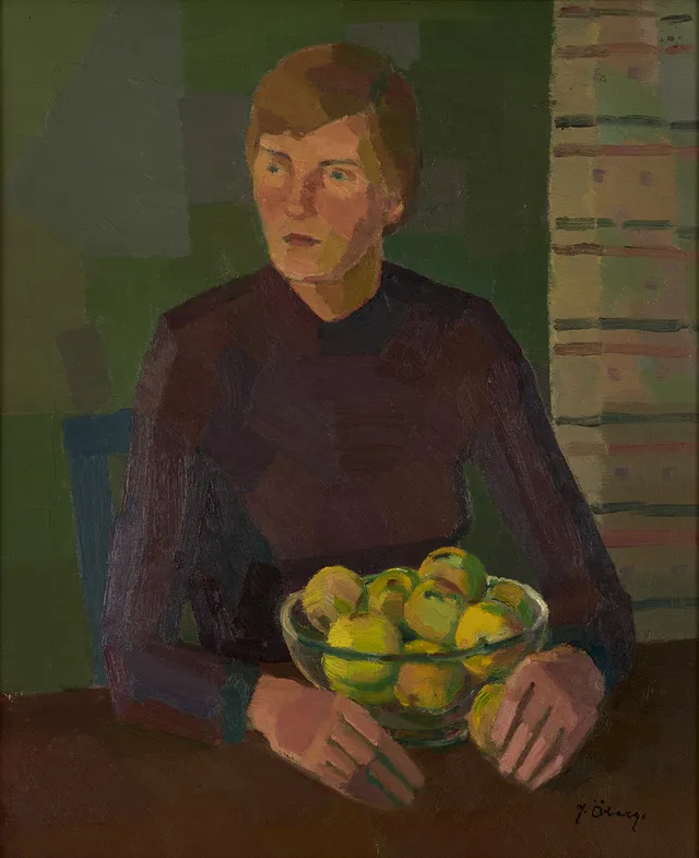 JOSEF ÖBERG (1890-1967). Dam med grönaäpplen, signerad J Öberg, olja på duk.