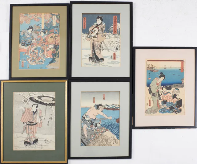 JAPANSKA TRÄSNITT. 5 st, ukiyo-e, Kunisada Toyokuni III, Hiroshige I, 1800-tal.