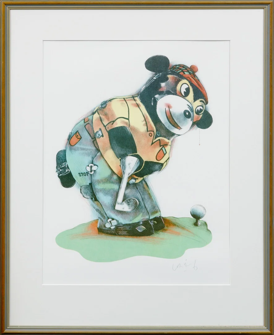 LASSE ÅBERG. "Mechanical bear golfer", färglitografi. — Engravings & Prints — Göteborgs Auktionsverk