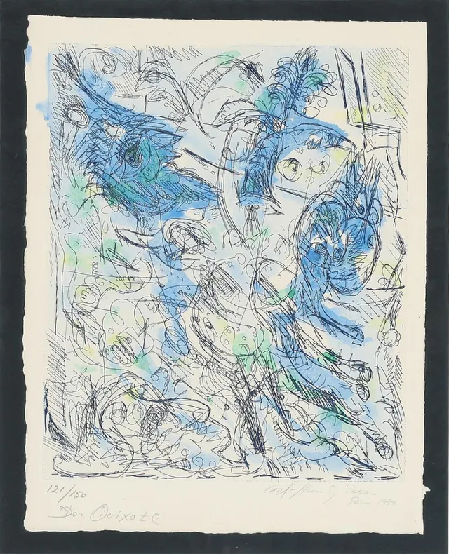 “Don Quixote”, 1983. Signed Carl-Henning Pedersen, Paris 1983, 121/150. Hand-coloured etching. Sheet size 34 × 26 cm.