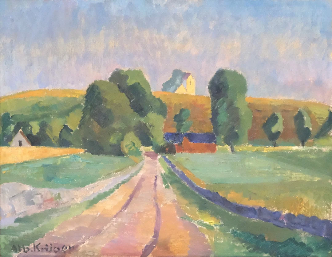 ALBERT KRÜGER. OLJA PÅ DUK. LANDSKAP MED VÄG OCH KYRKA. — Paintings — Björnssons Auktionskammare