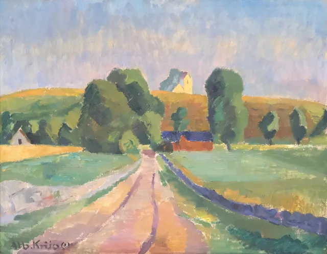 ALBERT KRÜGER. OLJA PÅ DUK. LANDSKAP MED VÄG OCH KYRKA.