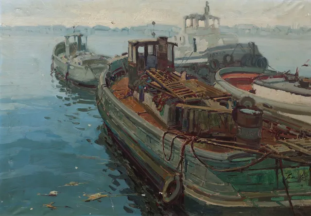 EUSTAQUIO SEGRELLES. "Barcas en la costa de Valencia".