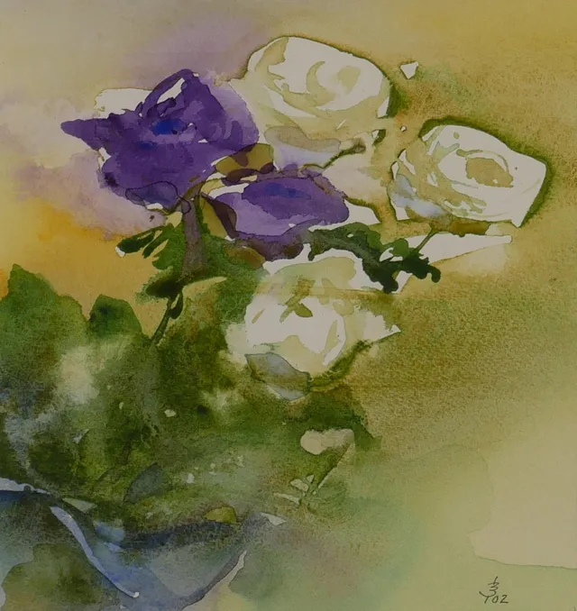 BARBRO VON PLATEN. "Anemoner och ranunkler", akvarell, monogramsignerad.