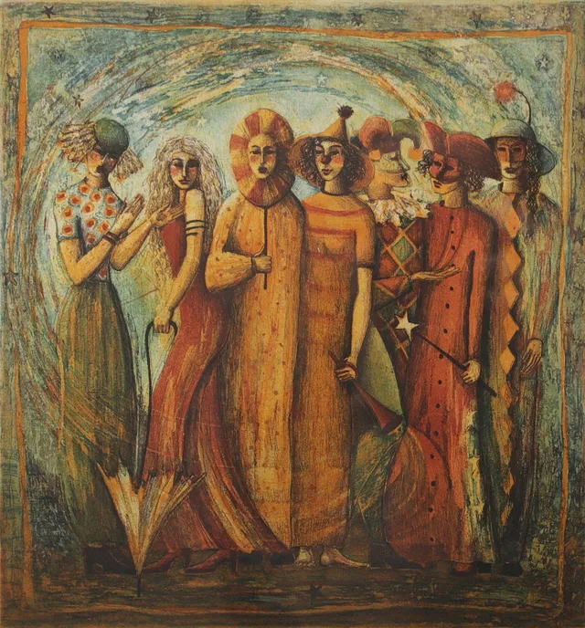 IRENE JARZ. "Karnevalsfigurer", färgetsning, signerad och numrerad 61/175.