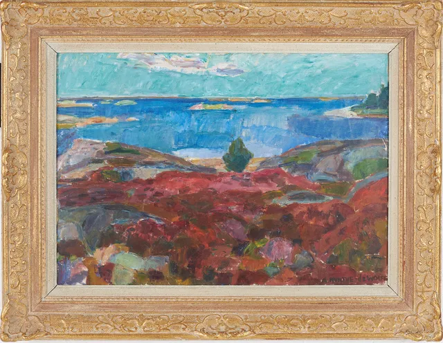 ASTRID MUNTHE DE WOLFE. Kustmotiv med klippor, olja på duk, signerad och daterad -50.