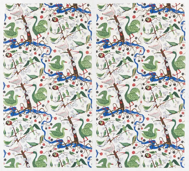 Josef Frank, gardiner, ett par, "Gröna Fåglar", Firma Svenskt Tenn.