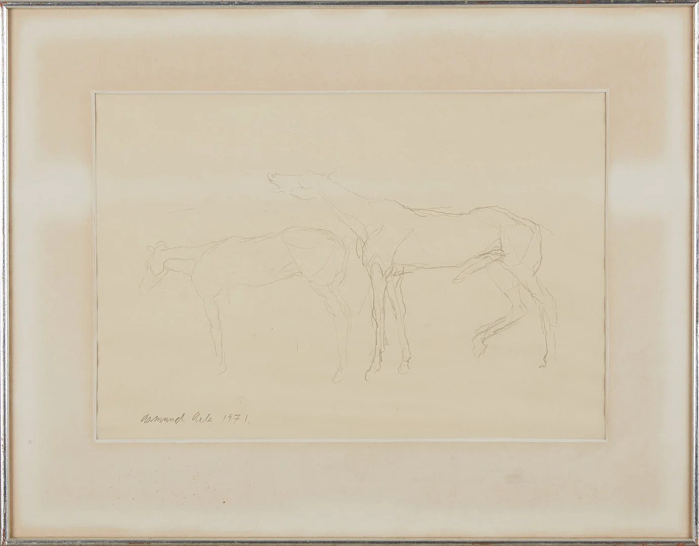 ASMUND ARLE. Hästar, blyertsteckning, signerad och daterad Asmund Arle 1971. — Drawings — Stockholms Auktionsverk Magasin 5