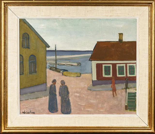 HELGE LINDEN. Olja på duk "Hamnscen" Signerad 1900-tal.