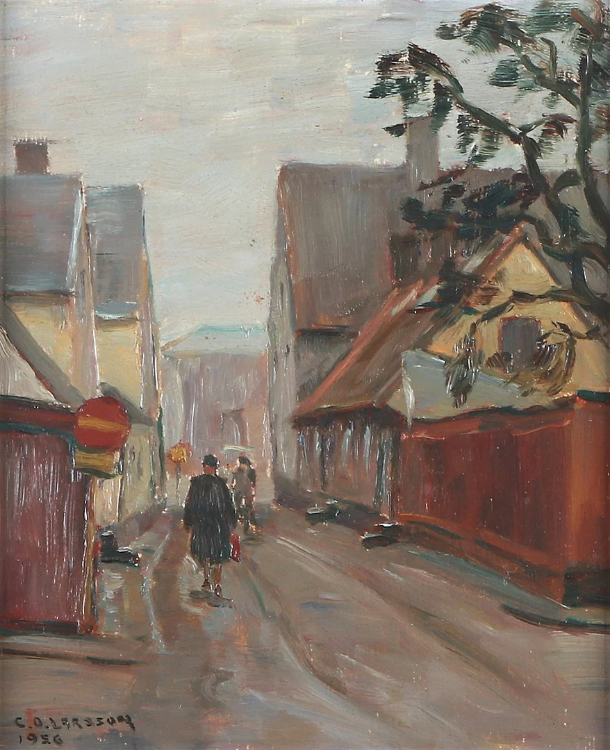 CARL OSCAR LARSSON. Oljemålning på pannå. A tergo betecknad Ystad. Signerad och daterad 1956. — Paintings — Skånes Auktionsverk
