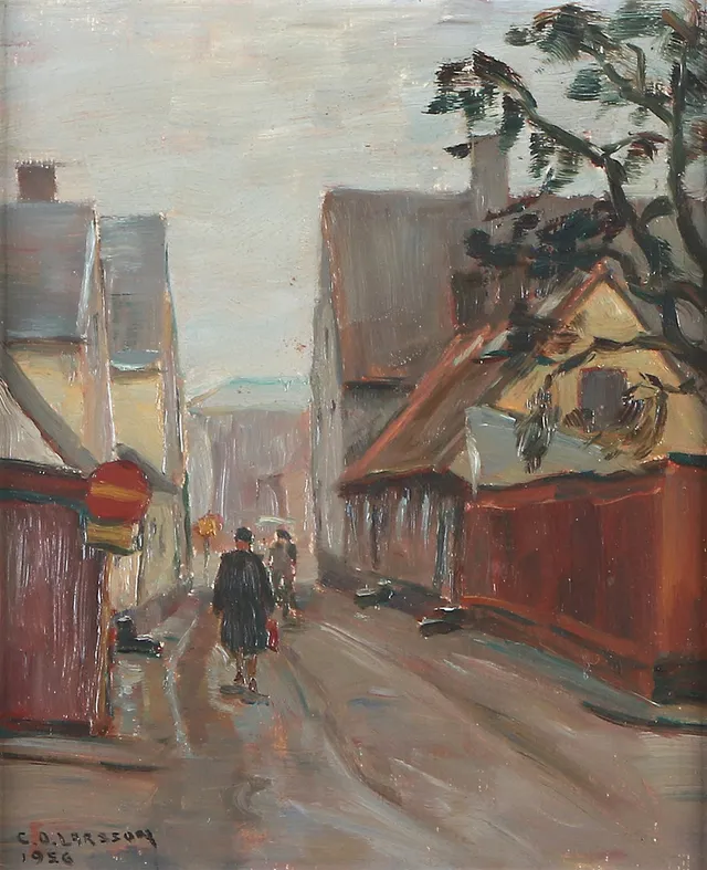 CARL OSCAR LARSSON. Oljemålning på pannå. A tergo betecknad Ystad. Signerad och daterad 1956.