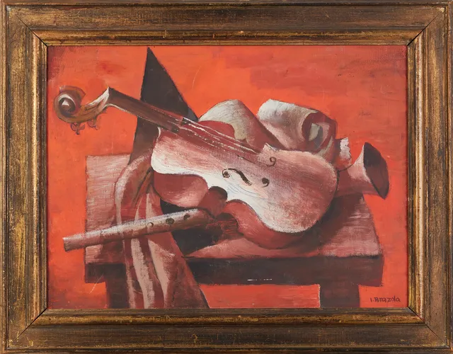 JAN BRAZDA (1917-2011). Musikstilleben, olja på duk, signerad.
