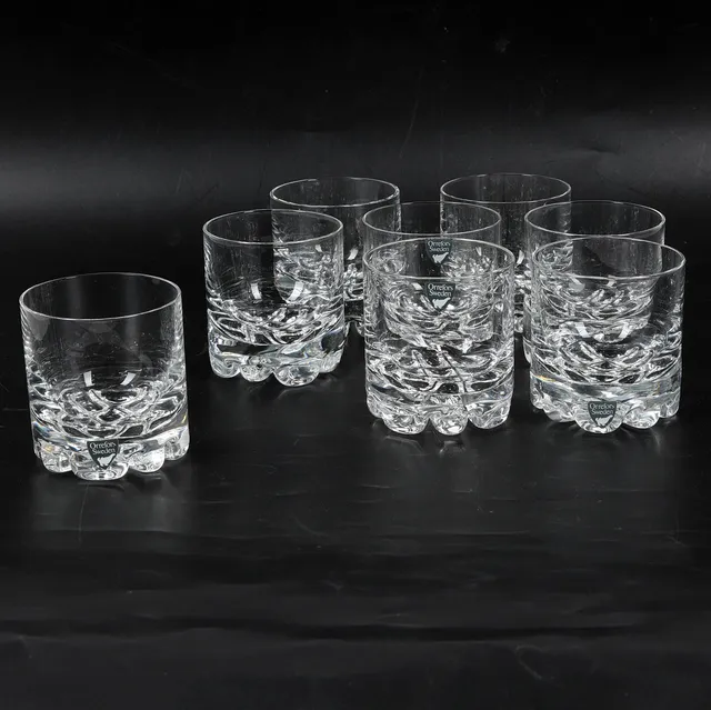 OLLE ALBERIUS. Whiskyglas, 8 st, glas, "Erik", Orrefors.
