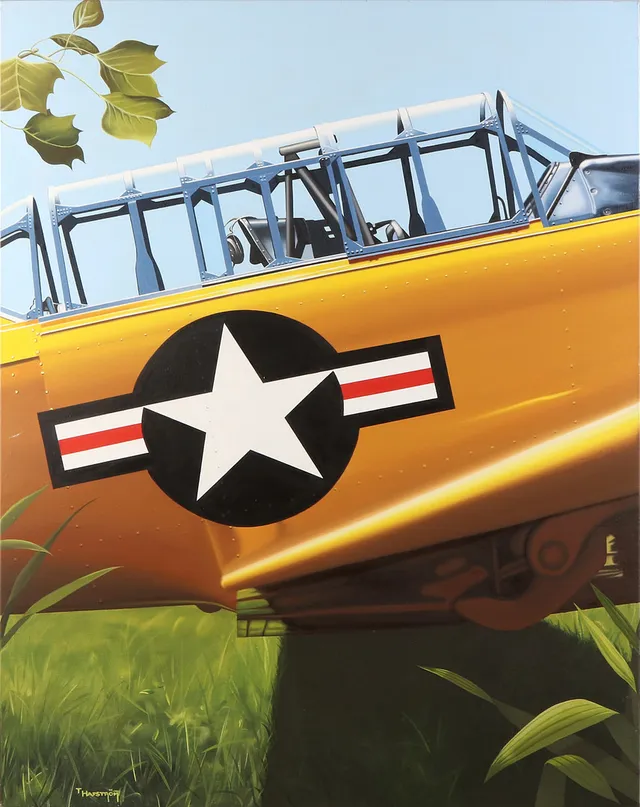 THOMAS HAFSTRÖM. Oljemålning på duk. Detalj av T-6 Texan, i Sverige benämnt som SK 16.