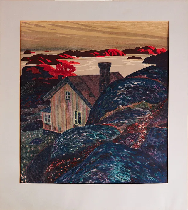 ROLAND SVENSSON (1910-2003). "Höstkväll / Kvällsljus, Stora Nassa", 1948, signerad i nedre bilden, färglitografi, onumrerad.