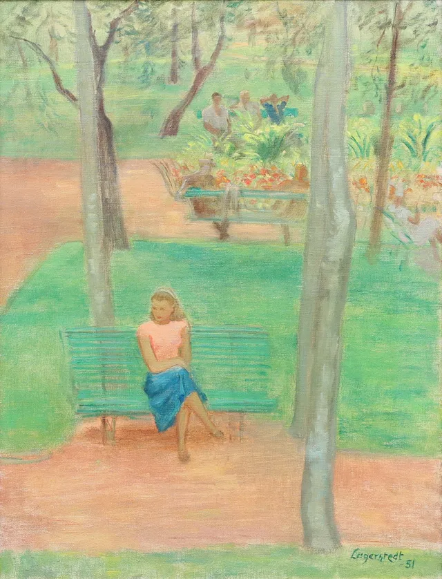 GEORG LAGERSTEDT (1892-1982). Kvinna på parkbänk, olja på duk, signerad och daterad -51.