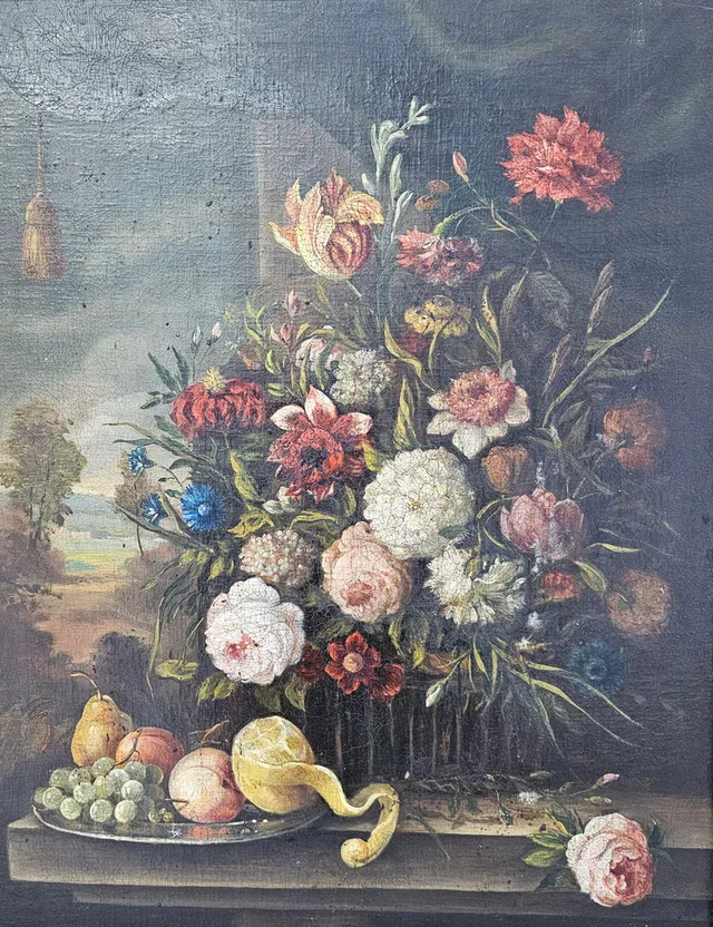 BODEGÓN DE VERANO HOLANDÉS. ÓLEO SOBRE LIENZO. IMITANDO MODELOS DE CORNELIS VAN SPAENDONCK.